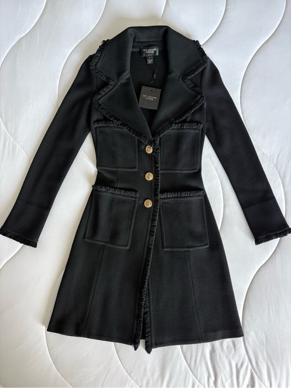 St. John Elegant Black Fringe-Trim Coat with Decorative Gold Buttons